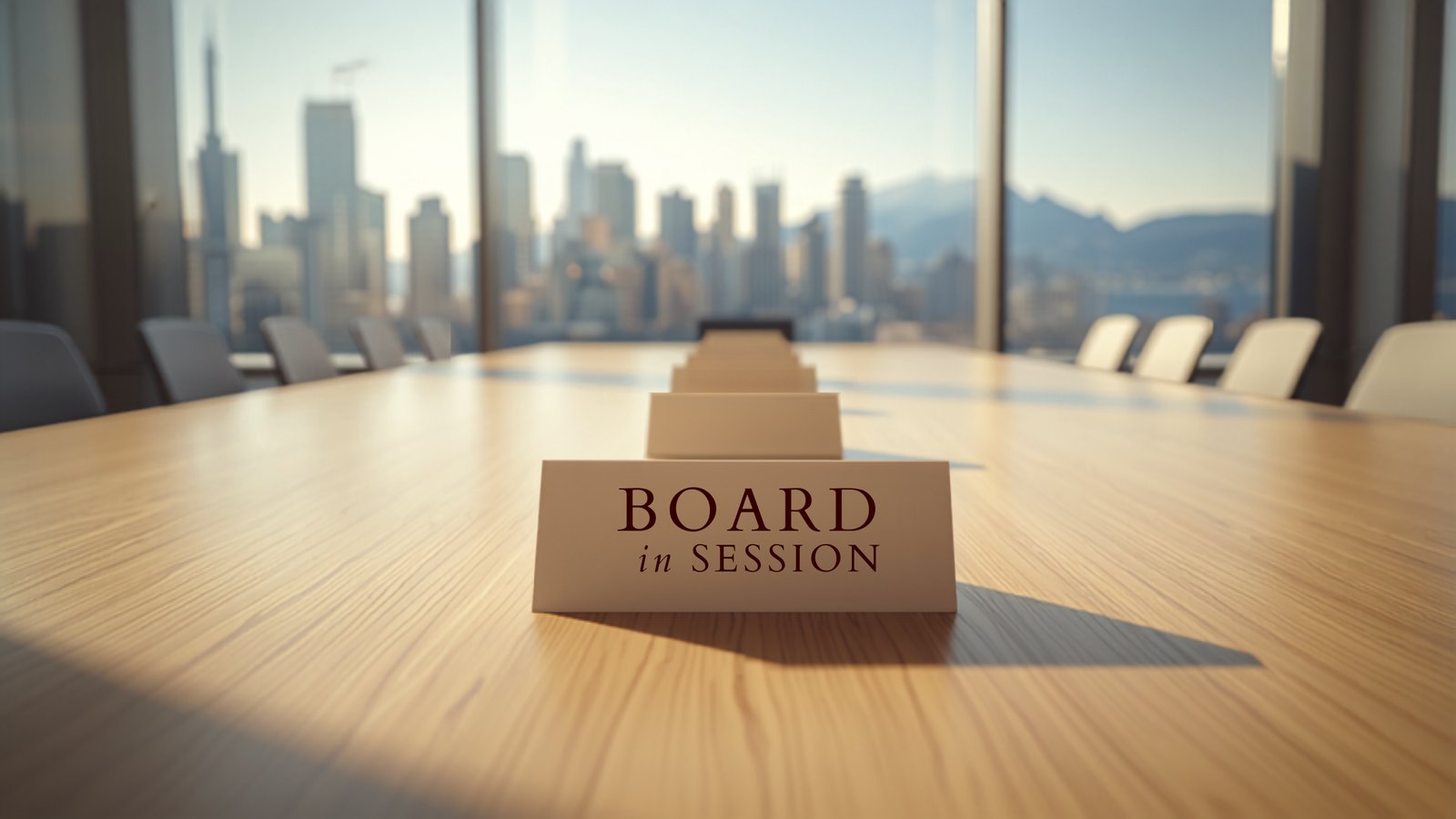 A bright boardroom with a Vancouver city view and Board in Session place cards on the table